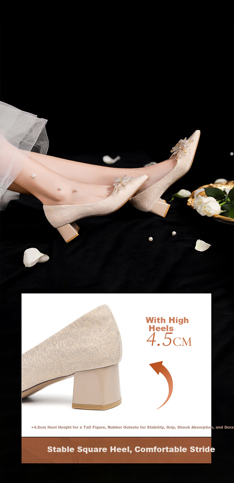 Josiny New Year High Heels, Spring And Autumn Dress Shoes, Pointed Toe Chunky Heel Shallow Mouth Pumps, Elegant Wedding Shoes, Light Gold, Size 38 3