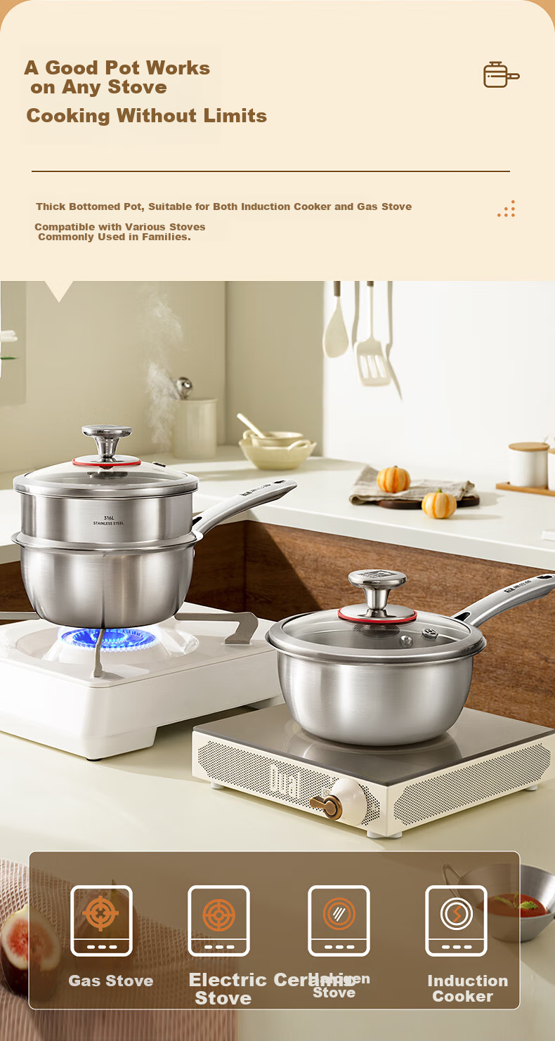 Kobach Non-Stick Milk Pot, Thickened 316L Stainless Steel, Uncoated Baby Food Pot, Three-Layer Composite Bottom, Suitable for Stove And Oven, 16cm 10