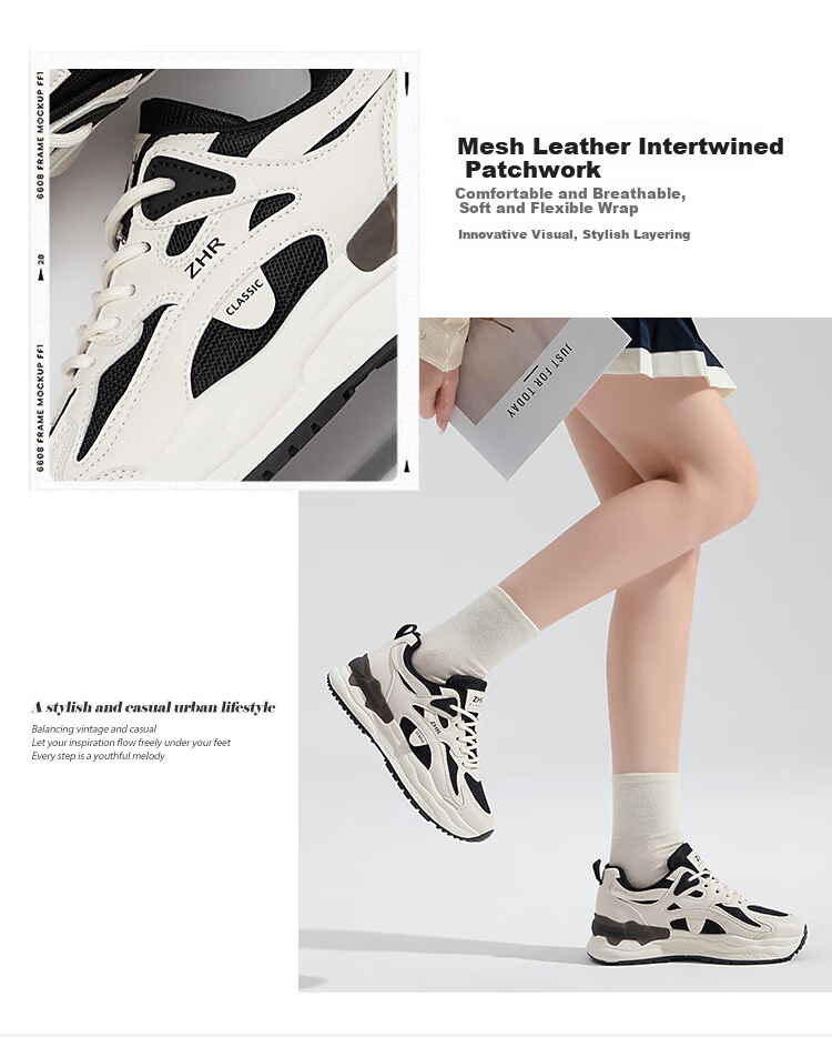 ZHR Casual Shoes for Women, Trendy Cool Lightweight Thick-Soled Sneakers, Comfortable Breathable Color-Block Women's Shoes CS58 White And Black Size 39 4