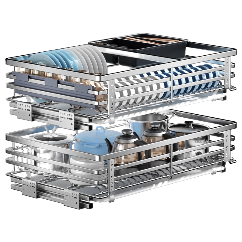 SUPOR Kitchen Pull-Out Basket, Double-Layer 304 Stainless Steel, Door-Opening Drawer-Style Bowl And Dish Pull-Out, Blue Bowl Rack Storage, Thickened Bowl Basket