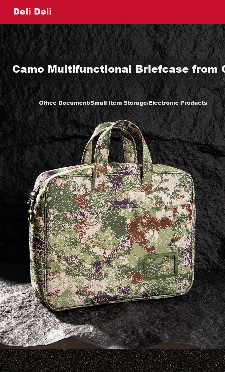 Deli Briefcase Document Bag Large Capacity File Bag Handbag Laptop Bag for Men Thickened 3D Jungle Camouflage Bag Gree 1