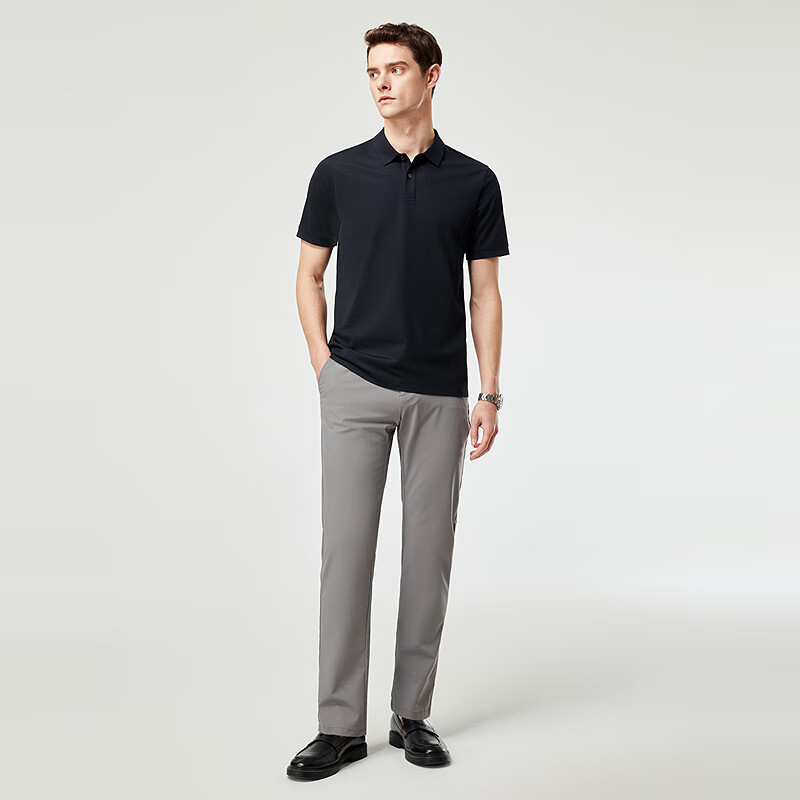 YOUNGOR [20% Mulberry Silk] Summer 2026 New Machine Washable Polo Shirt with Collar, Navy Blue, XL