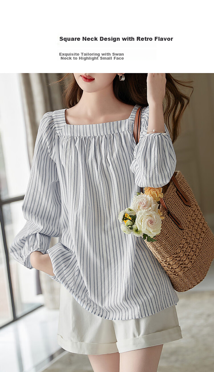 Dme Lantern Sleeve Striped Blouse Women's Top, Navy Blue, S 4