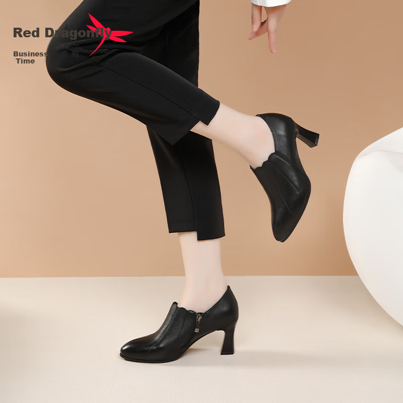 RED DRAGONFLY High-Heeled Ankle Boots for Women, British Style Soft Leather Martin Boots, High Heel Pointed Toe Slimming Fashion Ankle Boots WLB343551 Black Size 39