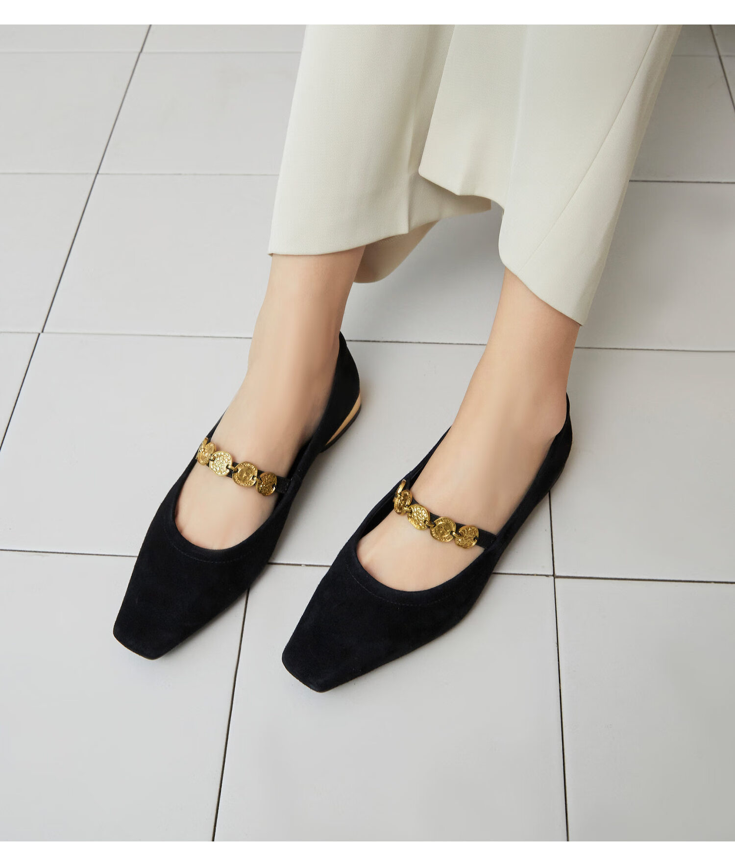 COMELY Low-Heel Mary Jane Shoes for Women, Spring New Style Retro Gold Coin Square Toe Multi-Bead Shoes, Sheepskin Velvet Shoes, Brown, Size 34 9