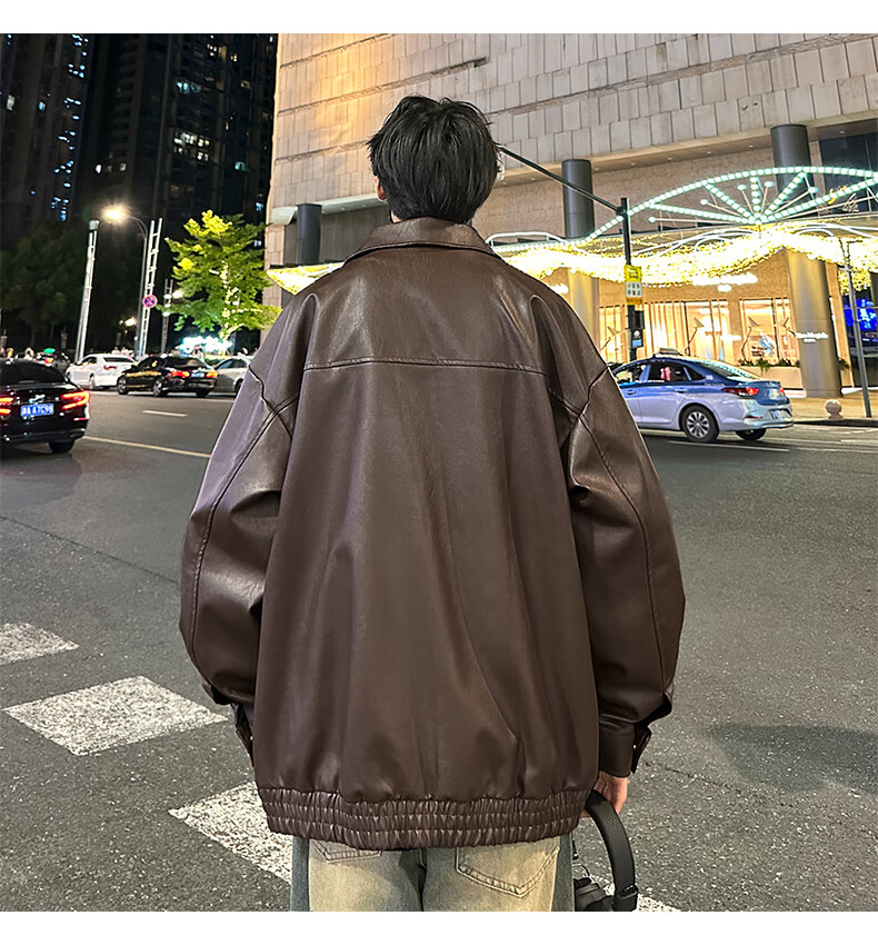 SWAMP AREA Men's Solid Color Leather Jacket, Spring And Autumn Hip-Hop Style Outerwear, American Retro Motorcycle-Inspired Coat, SWC99 Coffee Color, Size L 6