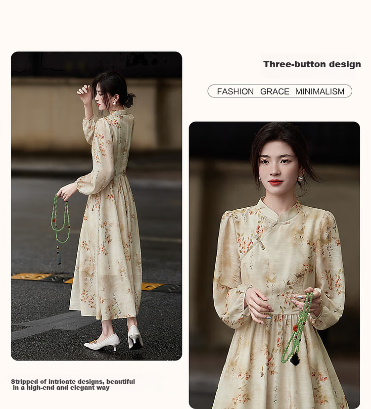 Dme [New Chinese Style] National Style Oriental Charm Floral Print Three-Button Midi Dress for Women, Light Beige, M 4