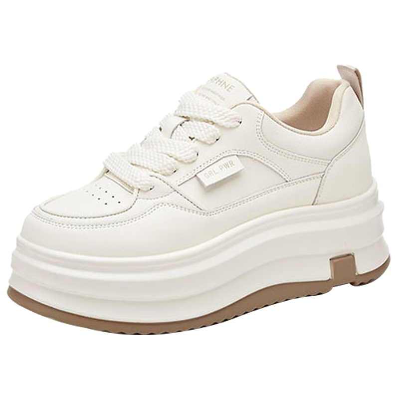 DAPHNE Women's White Sneakers with Thick Soles for Height Increase, Comfortable, Lightweight, Versatile Panda Shoes, Sports Casual Shoes, Skateboard Shoes, Beige, Size 35