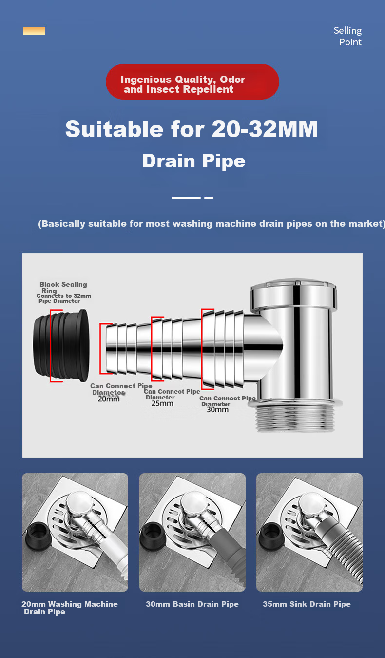 Lelandi Washing Machine Drain Pipe Tee Fitting Water Distributor Floor Drain Connector, Drainage Pipe Multifunctional Anti-Odor Connector, Double Row F-Type Tee L8191 7