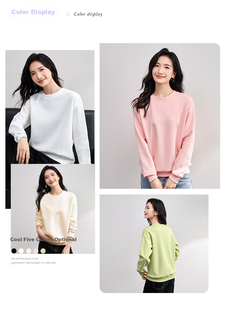 Jeanswest Round Neck Sweatshirt for Women, Spring/summer 2026, Petite Loose Fit, Simple Versatile Long-Sleeve Top, White, XL 2