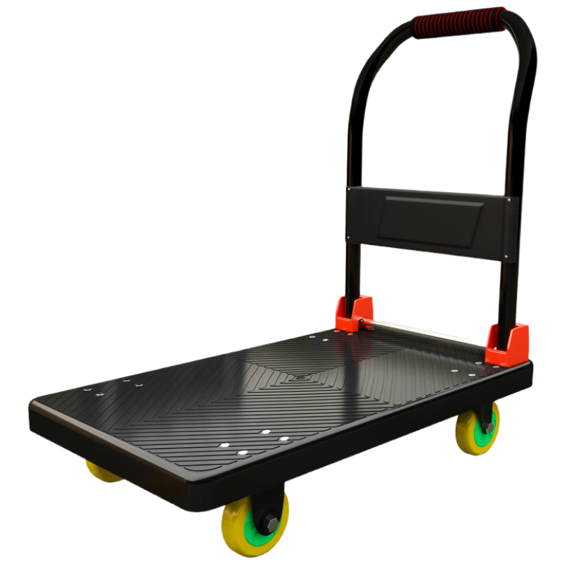 Feida Folding Hand Truck Flat Cart Trolley Heavy-Duty Steel Tube 5-Inch Silent Yellow Wheels 90x60cm