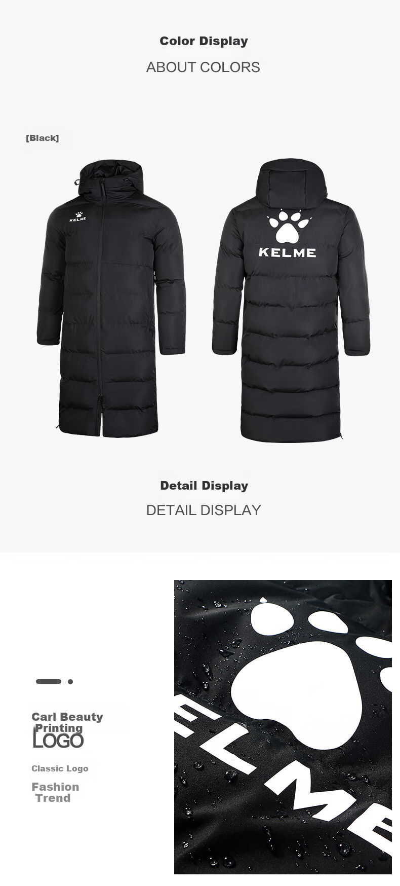 KELME Long Hooded Cotton Jacket for Men, Winter Over-Knee Warm Life Training Coat Windbreaker, Black, M 10