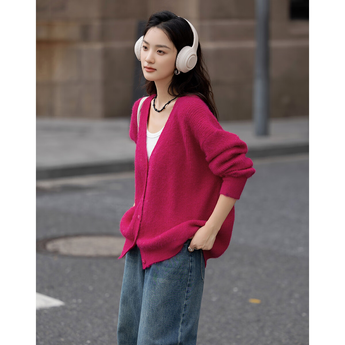 Dme [Duobangyan Rose Red] Spring And Autumn Cardigan-Style, Brightening Effect, Elegant Long-Sleeve Soft Knit Sweater for Wome
