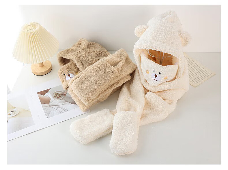 Adandyish Warm All-In Four-Piece Set with Neck Warmer, Ear Protectors, Hooded Scarf And Gloves, Plush Bear Electric Scooter Accessories, Off-White 7