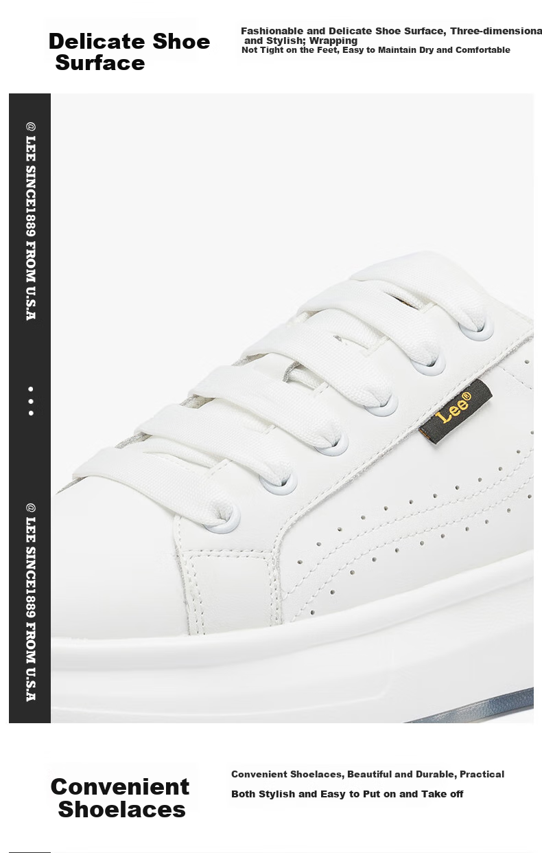 Lee White Sneakers for Men, Fashionable Casual Skateboard Shoes, Versatile Breathable Thick-Soled Low-Top Sports Casual Shoes, Black, Size 43 4