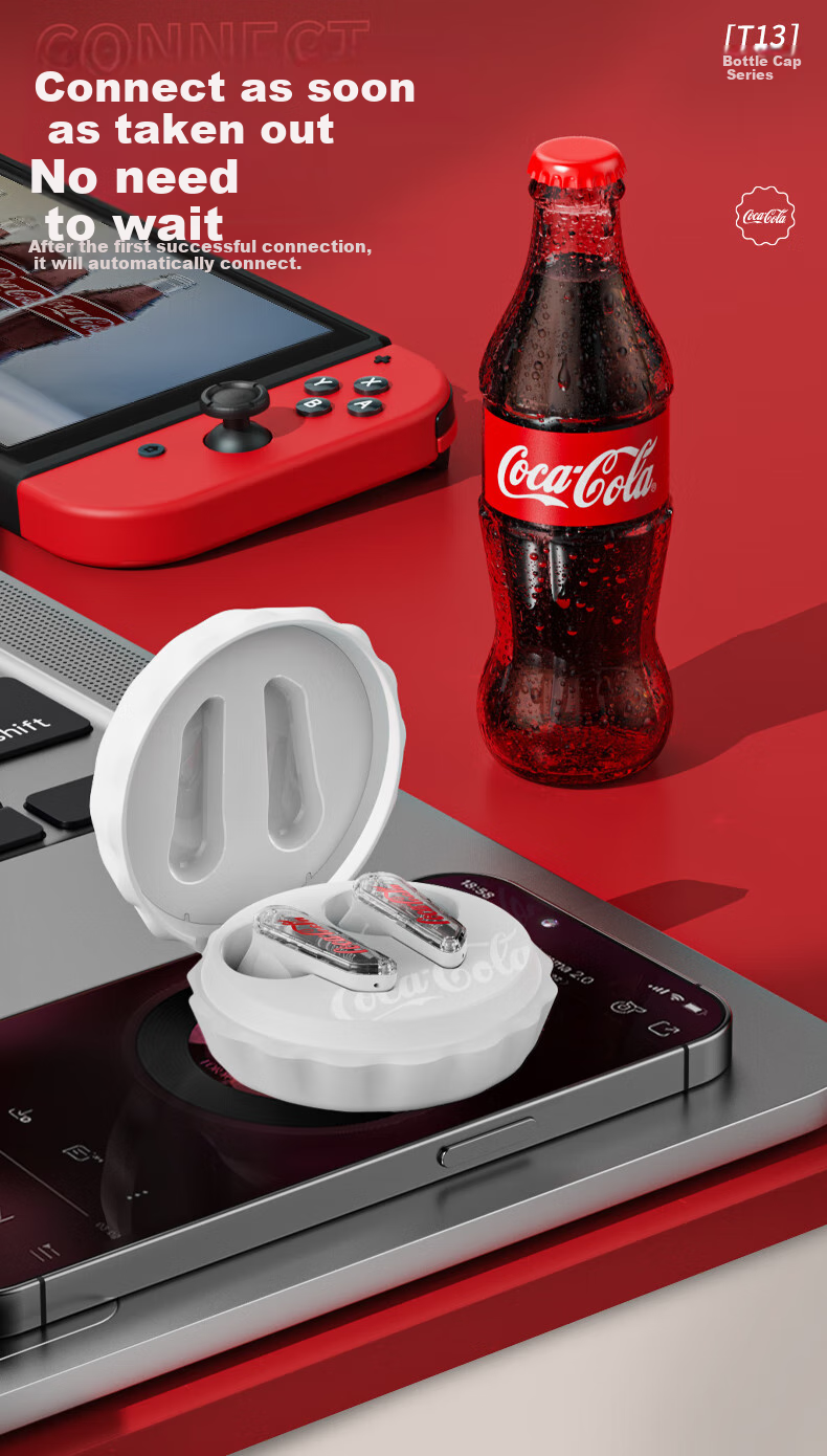 Coca-Cola T13 Bottle Cap Bluetooth Earphones, Semi-In True Wireless Headphones, Gaming E-Sports Music Sports Earphones, ENC Calling Noise Reduction Long Battery Life, 2026 New Model, Gift for Men And Women Students 7