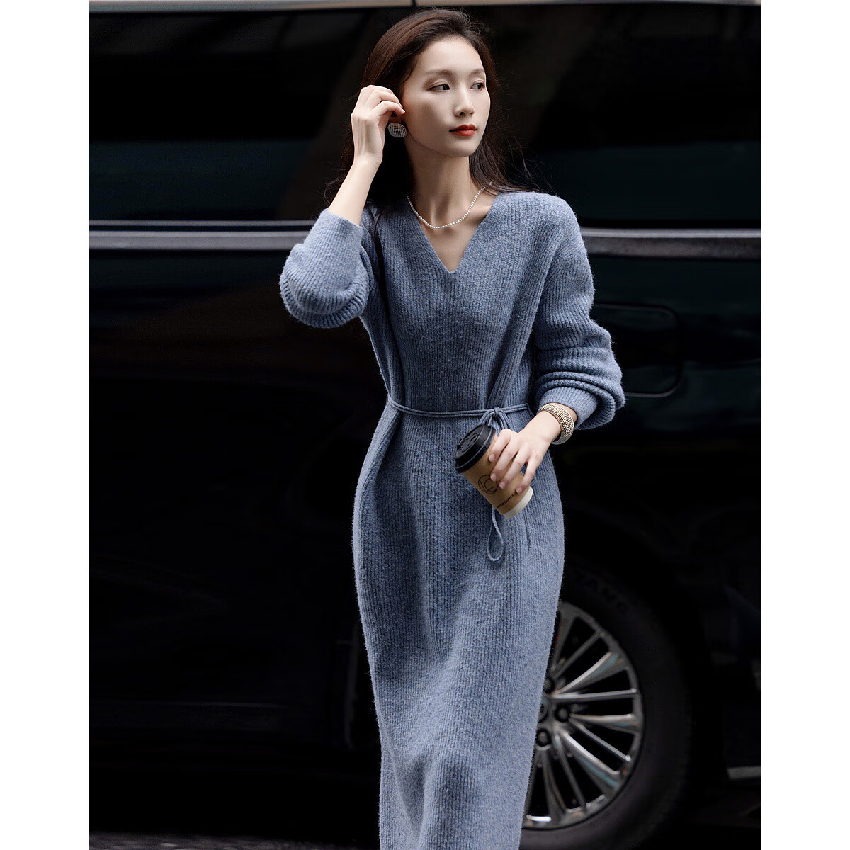 DME Spring Autumn Lady Style V-Neck Relaxed Fit Drop Shoulder A-Line Waist Belt Mid-Length Dress for Women