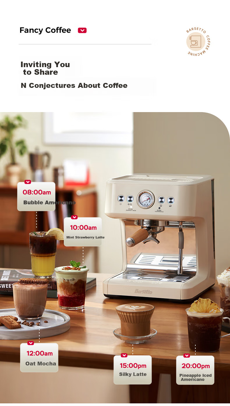 Barsetto [Mid-Autumn Festival Gift] Baishengtu Coffee Machine, Small Italian Semi-Automatic Home Use, Dual Heating Dual Pump, Bean Grinding All-In Espresso Extraction, Detachable Machine, BAE-M3 Black Set 9