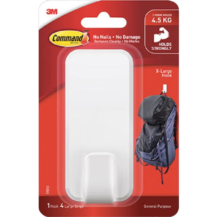 3M Large Hook, Heavy-Duty Strong Adhesive No Drilling Required Wall-Friendly, for Hanging Clothes Backpacks And Doors, Storage Hook, 1 Piece