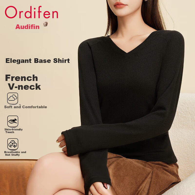 Ordifen Women's Base Layer V-Neck Seamless Inner Wear, Waist-Cinching Slimming Autumn Winter Soft Brushed Long-Sleeve T-Shirt, Black M