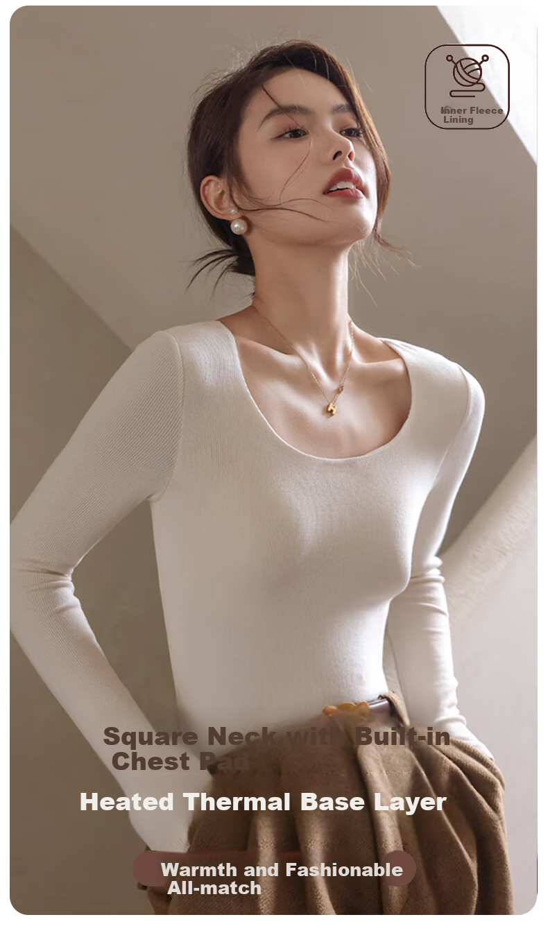 LangSha Women's Base Layer Top, Fall/Winter New Arrival, No Bra Needed, Thickened Fleece, Square Neckline, Slim Fit, Long Sleeves, Warm Outerwear 2