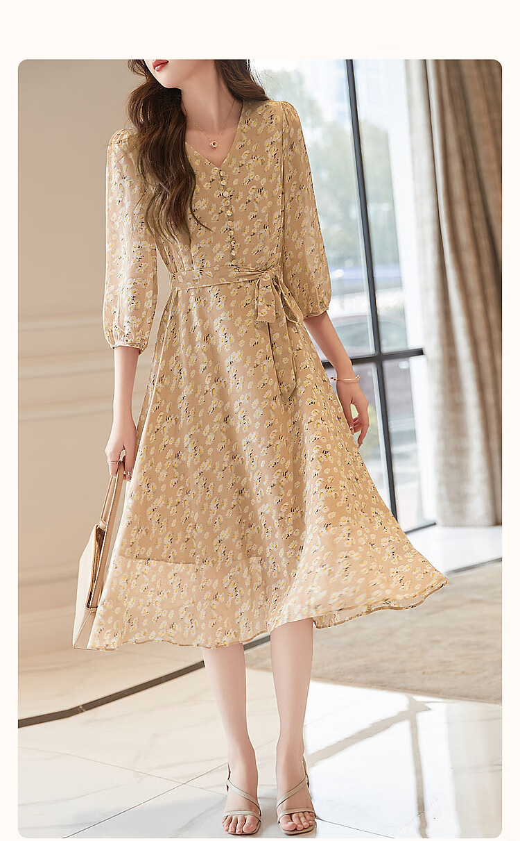 Dme [Xiao Zhi Ju Print Chiffon Dress], Spring And Autumn V-Neck Waist-Cinching Puff Sleeve Midi Dress for Wome 3