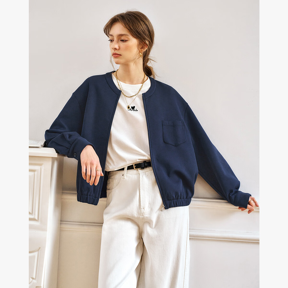 Olrain American-Style Short Jacket for Women, Spring And Autumn Casual Cardigan Top, Navy Blue (Second Batch), Size S