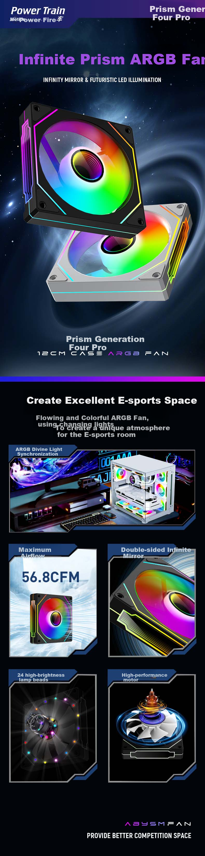 PowerTrain Prism 5 PRO Case Fan, 12CM Black Straight Blade, ARGB Synchronized Lighting, Desktop Computer Cooling Fan, PWM Intelligent Speed Adjustment, Infinite Mirror Light Effects 1