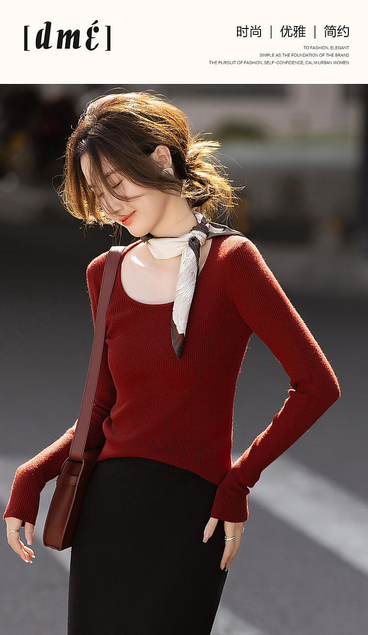 DME Winter Port Style Low Round Neck Slim Fit Concealing Long Sleeve Knit Top for Women Off-White M 1