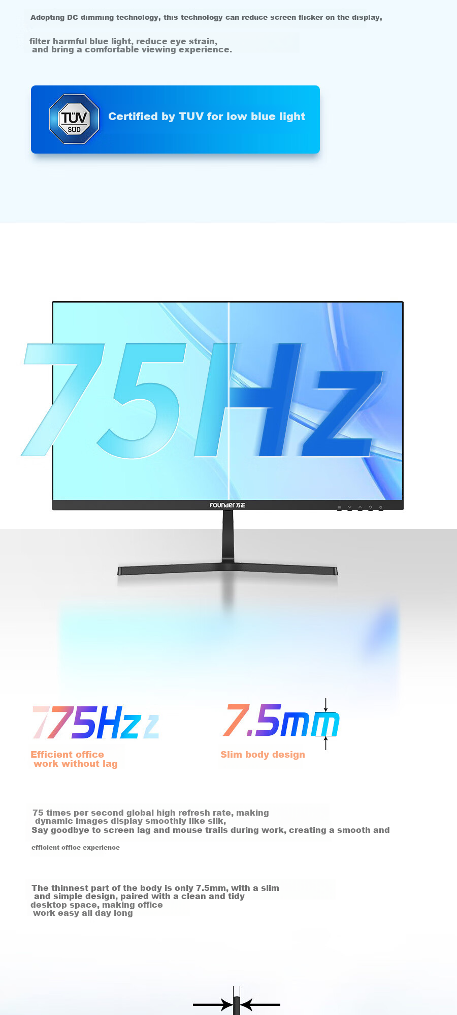 Founder 27-inch 4K UHD Monitor 99% sRGB Professional Color Accuracy 10Bit Low Blue Light Eye Care Three-Side Micro-Bezel Office Computer Display FC700U 6