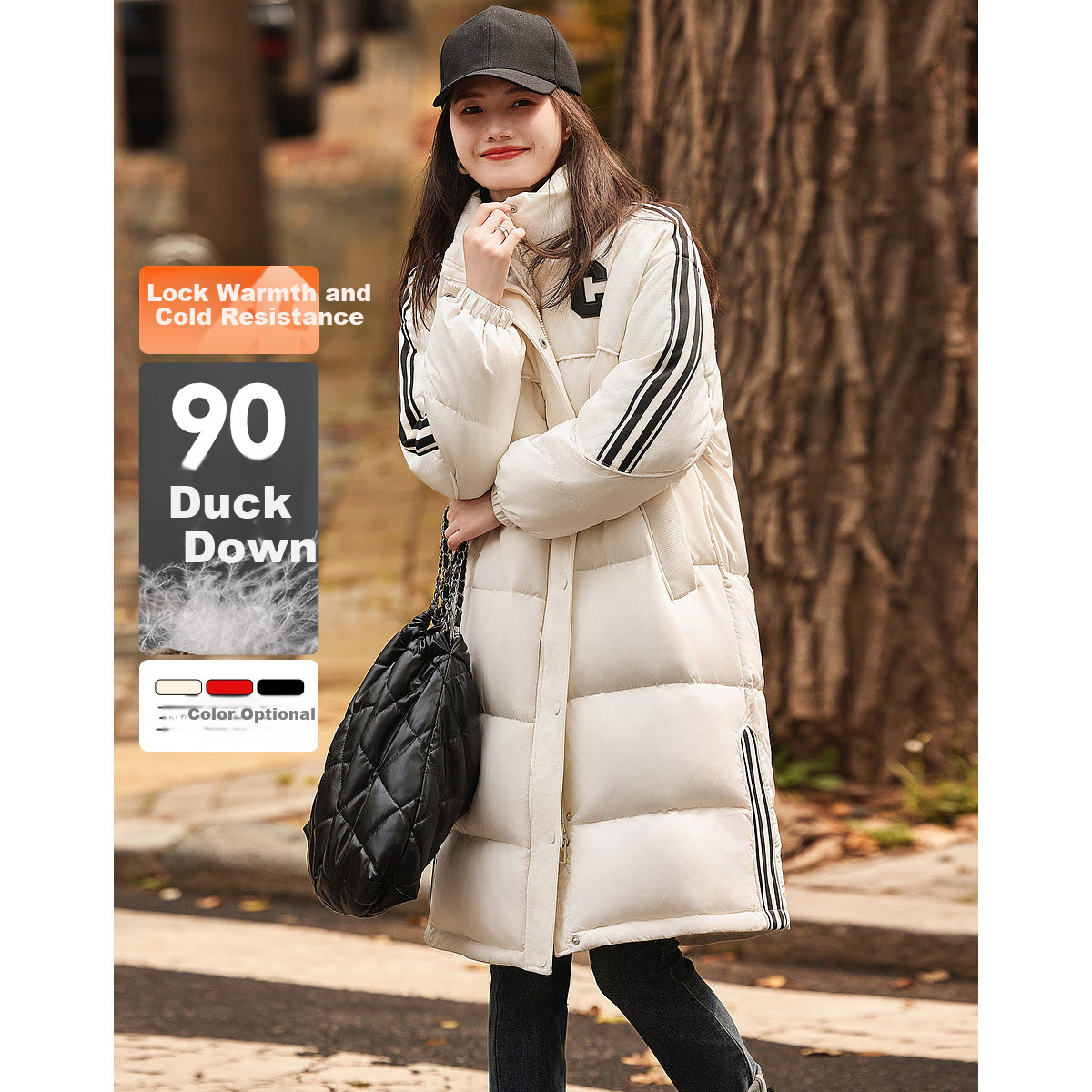 Dme [Warm Capture] Winter Warmth, 90% Duck Down, Windproof Sports Stand Collar Long down Jacket for Women, Elegant Coat