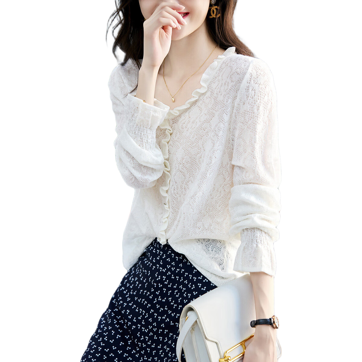 Dme [Containing Wool] Autumn V-Neck Ruffle Jacquard Pullover Sweater Women's Top