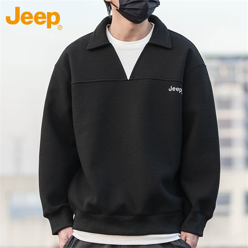 JEEP Men's Spring Autumn American Vintage Waffle Knit Polo Shirt Loose Fit Black 4XL