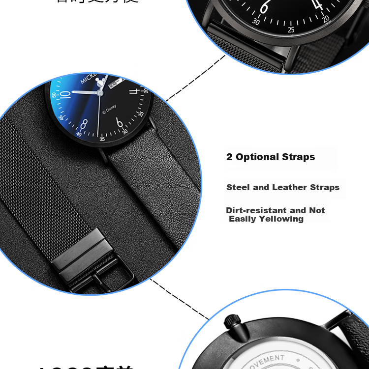 Disney Student Watch for Men, Simple Waterproof Dual Calendar Quartz Watch, Suitable for Middle And High School Students, Teenagers, Silent Exam-Specific Watch 9