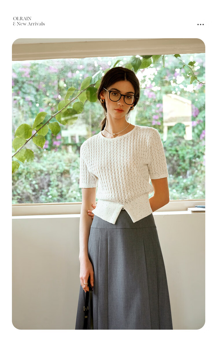Olrain Eurielle French Style Short Sleeve Knit Top Summer Women's Colorful Split Round Neck Pullover White L 3