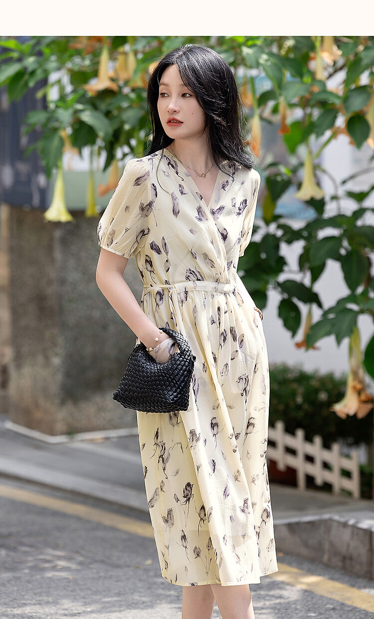 Dme [Anniversary] Summer V-Shaped Overlapping Collar Puff Sleeve Tea Break Dress, Wrinkled Thin Tulle Tulip Print Dress for Wome 11