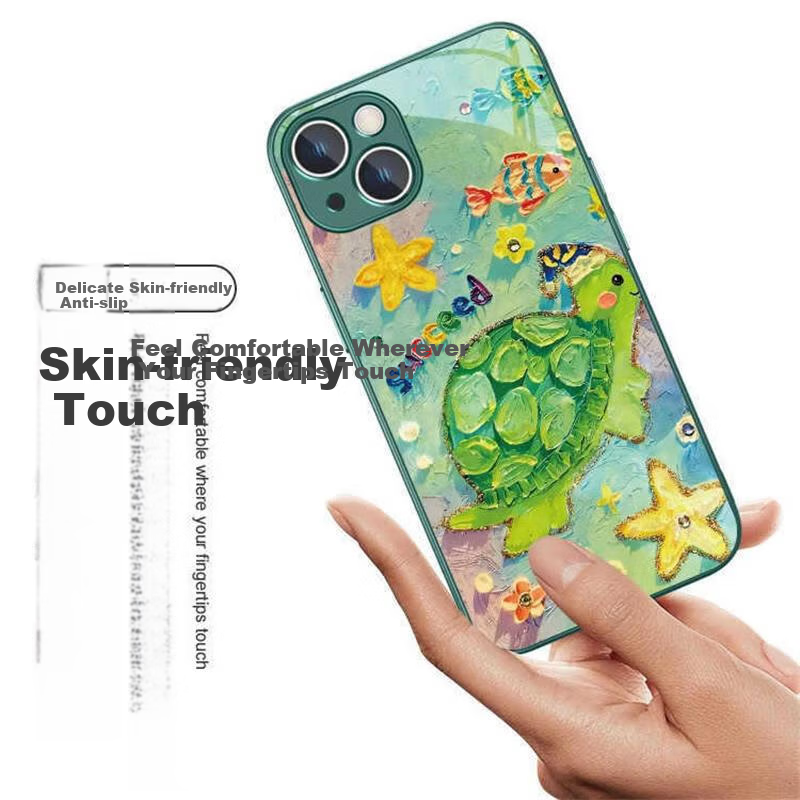 Чехол для iPhone 16 Pro Max ZiTai, противоударный, полноэкранная защита, стекло, масляная живопись с черепахой, серебристый