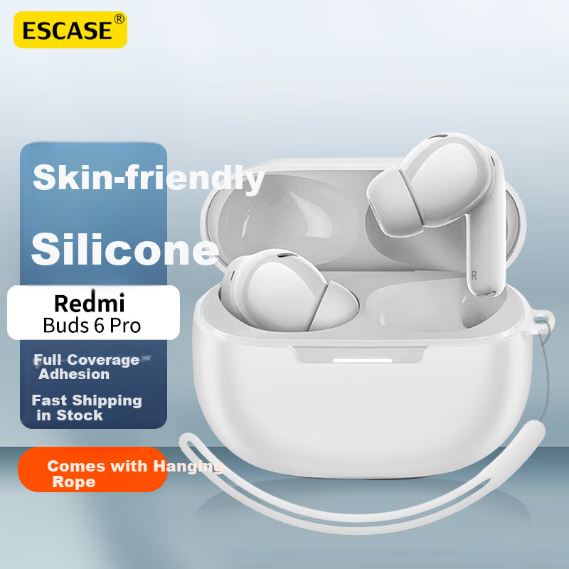 ESCASE Case for Redmi Buds6pro, Protective Cover for Redmi Wireless Bluetooth Earphones, Silicone Soft Shell, Shockproof, Dustproof, Skin-Friendly, Bare Phone Feel, White + Silicone Lanyard