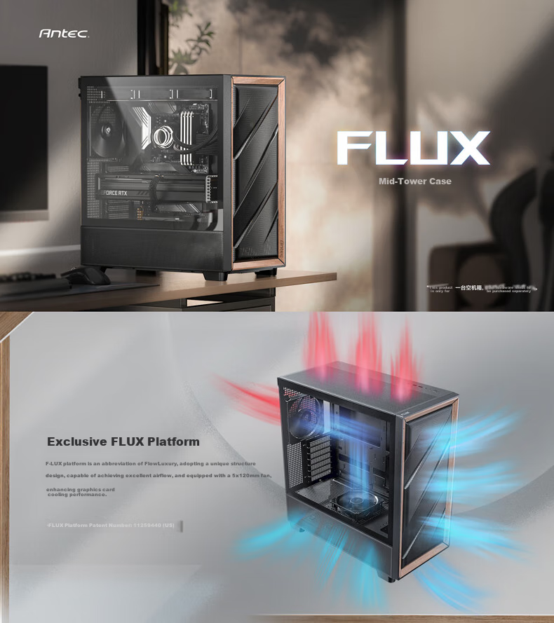 Antec FLUX Case Computer Tower Glass Side Panel/solid Wood Appearance/powerful Cooling/FLUX Airflow Patent/standard 5 Fans /Dual 360/E-ATX 1