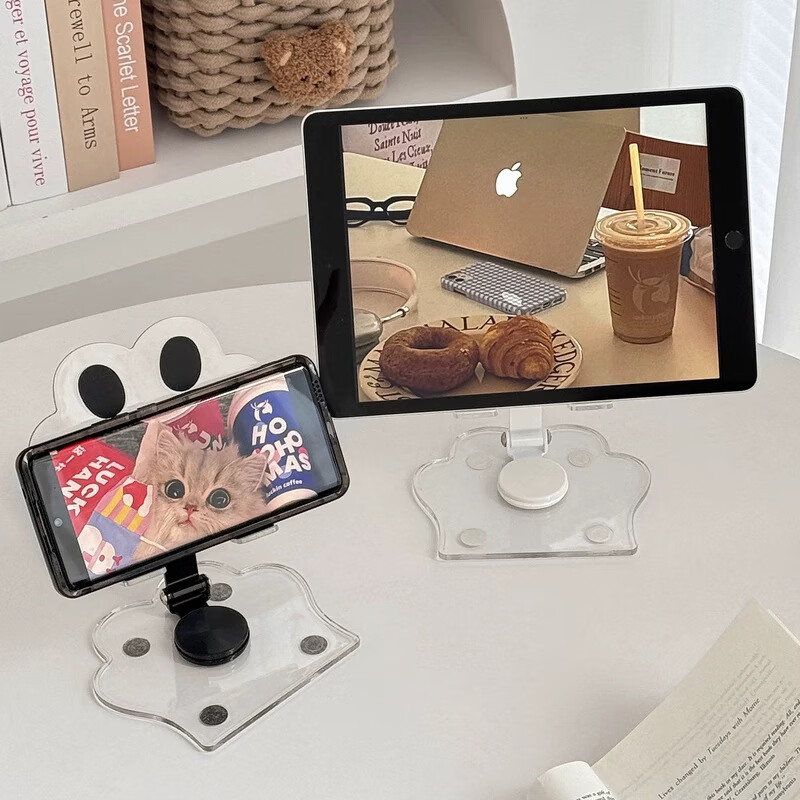 JPLAYER Phone Stand, Desktop 360° Multifunctional Rotating Folding Tablet Stand, IPad Lazy Support Bracket, for Gaming, Online Classes, Drawing, Metal Live Streaming, Cute Cat Paw Style, White