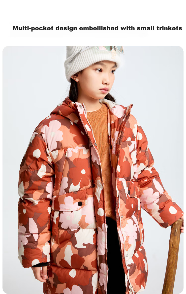 Annil Children's Clothing, Girls' Mid-Length down Jacket, 2024 Winter New Style, Brown Floral Pattern, Size 120 3