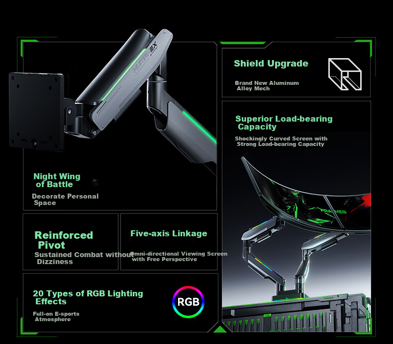 HUMANEX Monitor Stand, Computer Display Stand, Gaming RGB Mechanical Arm, Desktop Riser, Heavy-Duty Load Capacity of 18KG, Suitable for 17-45 Inch Screens, Dark Angel T18-1H 2