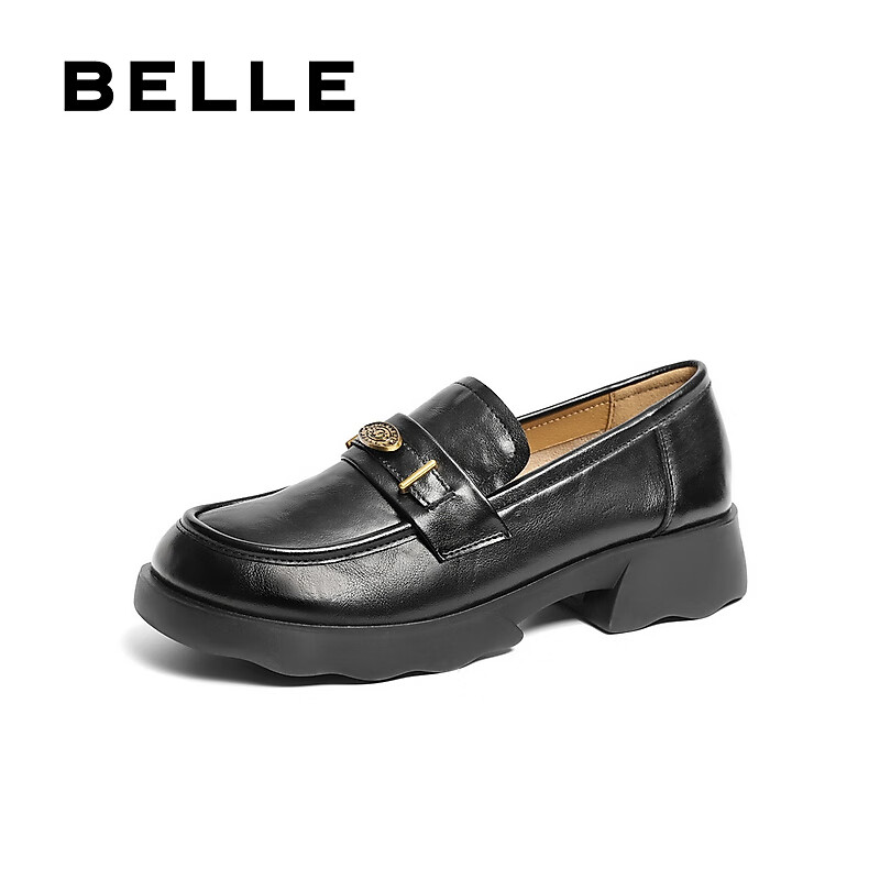 Belle Yuanbao Thick-Soled Loafers for Women, Soft Sole Commuter Flats, British Style Black Leather Shoes D2S1DCA5, Black, Size 34