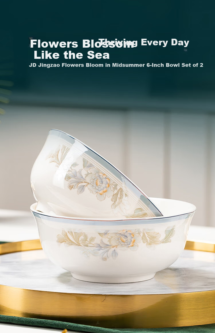 JD Original Bowl And Plate Tableware Set, Housewarming Porcelain Dish Set for Home Use, Huakai Bajia Noodle Bowl, 6 Inches * 2 1