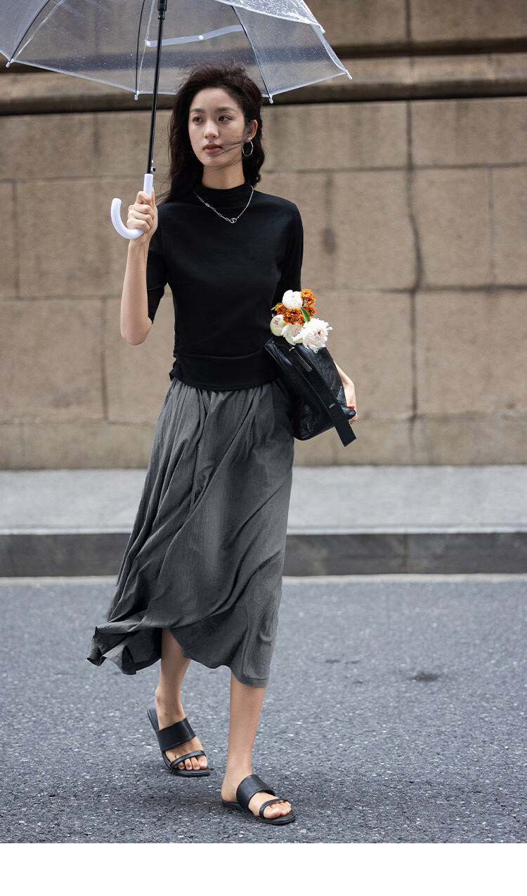 Dme [Relaxed Gray Midi Skirt] Spring And Autumn Wear, Draping, Simple, Loose-Fitting, Elastic Waist, Everyday Layered Midi Skirt 10
