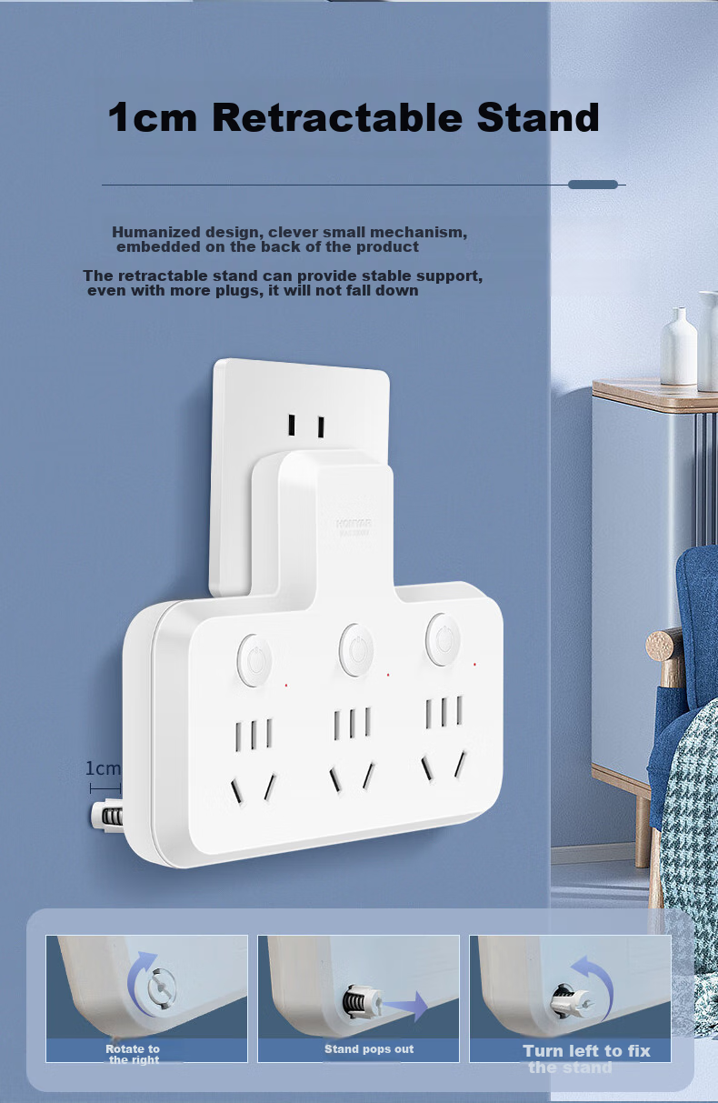 Hongyan Brand Three-Prong Switch Socket Adapter, One-To Extension Multi-Functional Power Strip 2