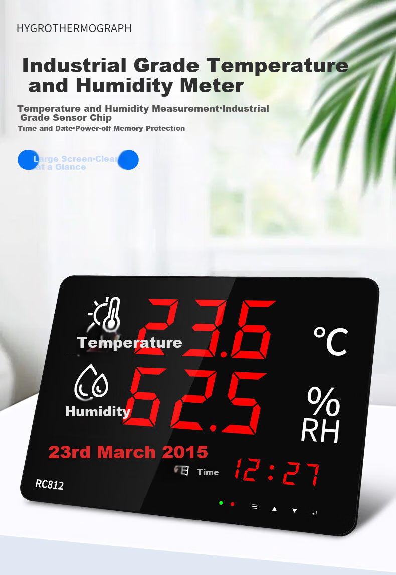 Rongce Industrial-Grade Temperature And Humidity Meter, Indoor Home Large-Screen Display Recorder, Embedded RC812 with Built-In Probe 2