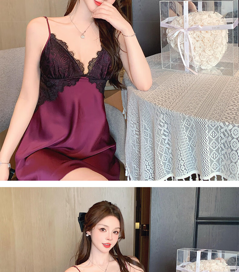 YINSLEEP Summer Thin Purple Elegant Satin Light Luxury Lace Nightgown, French Pure Desire Style Sexy Spaghetti Strap Sleepwear 1
