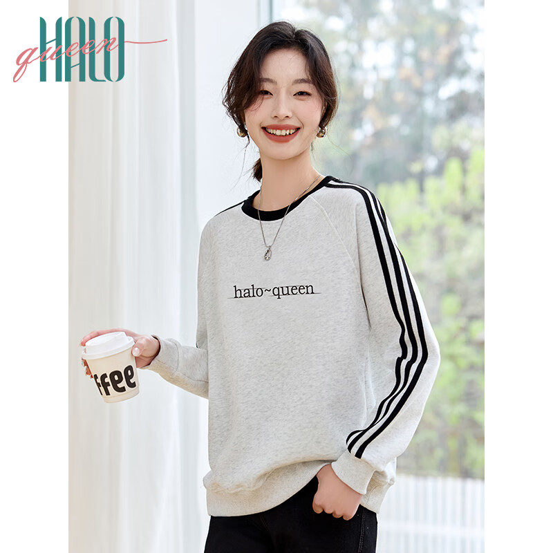 Halo Queen Women's Sweatshirt, Spring And Autumn Round Neck, Cherry Letter Stripes, Fashionable Loose Casual Top, Trendy Outerwear H143W1015