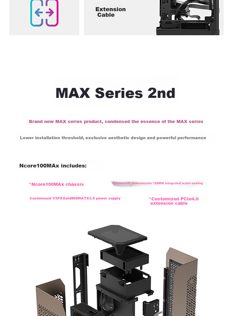 CoolerMaster NCORE100MAX Champagne Gold ITX Case Power Supply Combo with V850SFX Gold Fully Modular Power Supply & 120mm Thick Radiator Water Cooler 3